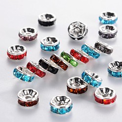 Mixed Color Brass Grade A Rhinestone Spacer Beads, Silver Color Plated, Nickel Free, Mixed Color, 8x3.8mm, Hole: 1.5mm