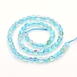 Light Sky Blue Round Synthetic Moonstone Beads Strands, Holographic Beads, Dyed, Light Sky Blue, 8mm, Hole: 1mm, about 45~47pcs/strand, 14~15 inch