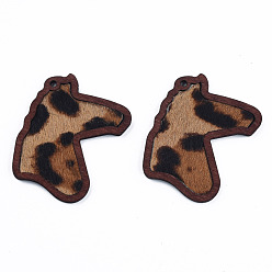 Camel Eco-Friendly Cowhide Leather Big Pendants, with Dyed Wood, Horse's Head with Leopard Print Pattern, Camel, 53.5x42x3mm, Hole: 2mm