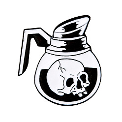Black Alloy Enamel Brooches, Tea Bottle with Skull, Black, 28x28mm