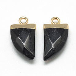 Black Natural White Jade Pointed Pendants, with Brass Findings, Faceted, Dyed, Tusk Shape, Golden, Black, 21x11x5.5mm, Hole: 2mm