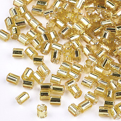 Light Khaki Grade A Glass Seed Beads, Hexagon(Two Cut), Silver Lined, Light Khaki, 1.5~2.5x1.5~2mm, Hole: 0.8mm, about 2100pcs/bag, 450g/bag