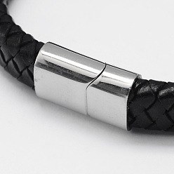 Black Braided Leather Cord Bracelets, with 304 Stainless Steel Magnetic Clasps, Black, 206x12x6mm