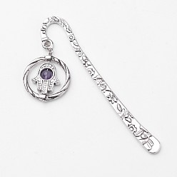Amethyst Tibetan Style Bookmarks, Circle with Hamsa Hand/Hand of Fatima/Hand of Miriam, with Natural Amethyst Beads, 79.5x16mm