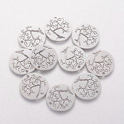 Stainless Steel Color 201 Stainless Steel Pendants, Flat Round with Cherry Tree, Stainless Steel Color, 20x1.1mm, Hole: 1.5mm
