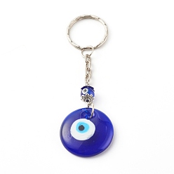 Platinum Flat Round with Evil Eye Lampwork Keychain, with Iron Split Key Rings, Blue, Platinum, 9.3cm