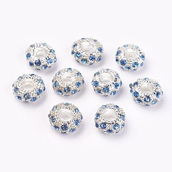 Saphir Clair  Perles européennes en strass d'alliage , Perles avec un grand trou   , rondelle, couleur argent plaqué, saphir clair, 11x6mm, Trou: 5mm