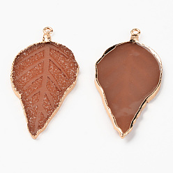 Mixed Color Electroplate Druzy Resin Big Pendants, with Iron Findings, Leaf, Light Gold, Mixed Color, 56~57x27~28x3mm, Hole: 1.6mm