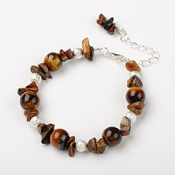 Tiger Eye Tiger Eye Bracelets, with Brass Textured Beads and Alloy Lobster Claw Clasps, Silver Color Plated, Tiger Eye, 185mm