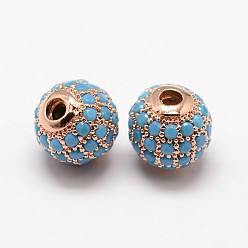 Rose Gold Round Brass Micro Pave Cubic Zirconia Beads, Rose Gold, 8mm, Hole: 1.5mm