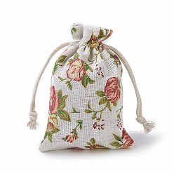 Colorful Burlap Packing Pouches, Drawstring Bags, Rectangle with Rose Pattern, Colorful, 14~14.4x10~10.2cm