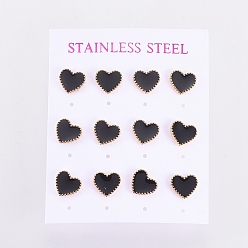 Golden 304 Stainless Steel Stud Earrings, with Enamel and Ear Nuts, Heart, Black, Golden, 9.5x10.5x1.5mm, Pin: 0.6mm, 6pairs/card