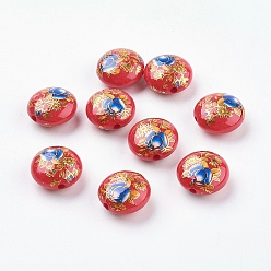 Красный Смоляные бусы с цветочным принтом, плоско-круглые, красные, 16.5x9 мм, отверстие : 2 мм