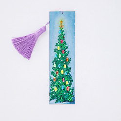 Christmas Tree Christmas Themed DIY Diamond Painting Stickers Kits For Bookmark Making, with Diamond Painting Stickers, Resin Rhinestones, Diamond Sticky Pen, Tassel, Tray Plate and Glue Clay, Rectangle, Christmas Tree Pattern, 210x60mm