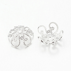 Silver 5-Petal Filigree Brass Bead Caps, Silver Color Plated, 10x4.5mm, Hole: 1mm