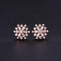 Rose Gold SHEGRACE Flower Beautiful Real Rose Gold Plated 925 Sterling Silver Stud Earrings, Christmas, with Micro Pave AAA Cubic Zirconia, 9.5mm