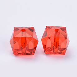 Rouge Perles acryliques transparentes, facette, cube, rouge, 20x20x18mm, trou: 2.5 mm, environ 120 pcs / 500 g