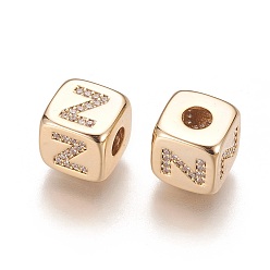 Letter Z Brass Micro Pave Cubic Zirconia Beads, Horizontal Hole, Real 18K Gold Plated, Long-Lasting Plated, Cube with Letter, Clear, Letter.Z, 9x9x9mm, Hole: 3.5mm