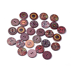 Couleur Mélangete Boutons en bois de peuplier imprimés, 2-trou, teint, plat et circulaire avec motif floral, couleur mixte, 19.5x2.5mm, Trou: 1.8mm