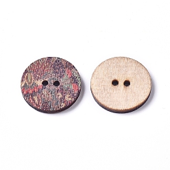 Couleur Mélangete Boutons en bois de peuplier imprimés, 2-trou, teint, plat et circulaire avec motif floral, couleur mixte, 19.5x2.5mm, Trou: 1.8mm