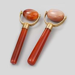 Red Natural Agate Brass Massage Tools, Facial Roller for Skin, Eyes, Neck, Raw(Unplated), Red, 107x35x18mm