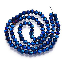 Blue Plated Electroplate Glass Bead Strands, Rainbow Plated, Faceted Bicone, Blue Plated, 4x4.5mm, Hole: 1mm, about 92~96pcs/strand, 13.78~14.37 inch