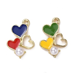 Mixed Color Alloy Pendants, with Enamel and Plastic Imitation Pearl, Heart, Light Gold, Mixed Color, 19x13x5mm, Hole: 1.5mm
