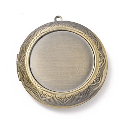 Brushed Antique Bronze Rack Plating Brass Locket Pendants, Photo Frame Charms for Necklaces, Cadmium Free & Lead Free, Flat Round with Rhombus, Brushed Antique Bronze, 48x45x10mm, Hole: 1.8mm, Inner Diameter: 29mm