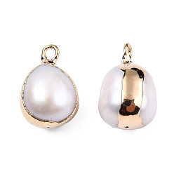 Light Gold Electroplate Natural Baroque Pearl Keshi Pearl Pendants, Cultured Freshwater Pearl, with Iron Findings, Oval Charm, Light Gold, 13~17x9~11.5x9~11mm, Hole: 1.8mm & 0.7mm