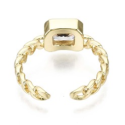 Clear Brass Micro Pave Cubic Zirconia Cuff Rings, Open Rings, Nickel Free, Curb Chain Shape, Rectangle Octagon, Real 16K Gold Plated, Clear, US Size 6(16.5mm)