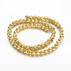 Golden Plated Non-magnetic Synthetic Hematite Beads Strands, Grade A, Faceted, Round, Golden Plated, 6mm, Hole: 1.1mm, about 72pcs/strand, 15.7 inch