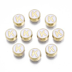 Letter K Des perles d'émail en alliage, sans cadmium et sans plomb, or et de lumière, rond et plat avec alphabet, blanc, letter.k, 8x4mm, Trou: 1.5mm