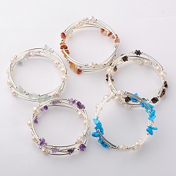 Mixed Stone Gemstone Chip Warp Bracelets, Silver and Platinum, Natural & Synthetic Mixed Stone, 53mm