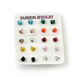 Mixed Color Shiny Glass Rhinestone Stud Earrings, with Platinum Brass Ear Stud Components, Mixed Color, 9x7mm, Pin: 0.7mm