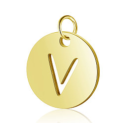 Letter V 304 Stainless Steel Charms, Flat Round with Letter, Golden, Letter.V, 12x1mm, Hole: 2.5mm