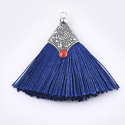 Dark Blue Polyester Tassel Pendant Decorations, with Alloy Findings and Enamel, Fan Shape, Antique Silver, Dark Blue, 45~50x40~44x7~10mm, Hole: 2.5mm