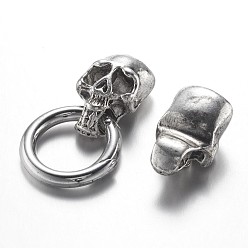 Antique Silver Tibetan Style Alloy Spring Gate Rings, O Rings, with Cord Ends, Mixed Shape, Antique Silver, 6 Gauge, 47~80mm