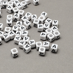 Letter A Large Hole Acrylic Letter European Beads, Horizontal Hole, White & Black, Cube with Letter.A, 6x6x6mm, Hole: 4mm, about 2950pcs/500g