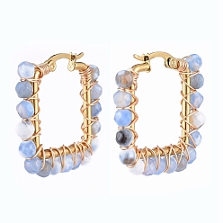 Mixed Stone 201 Stainless Steel Hoop Earrings, Beaded Hoop Earrings, with Natural Gemstone Beads, Rectangle, Golden, 28.5x31x4mm, Pin: 1x0.6mm