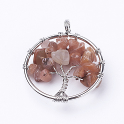 Natural Agate Natural Agate Pendants, with Brass Findings, Flat Round with Tree of Life, Platinum, 29x5~7mm, Hole: 4.5mm