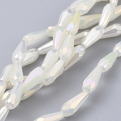 White Electroplated Opaque Glass Beads Strands, Full Rainbow Plated, Faceted, Teardrop, White, 9~10x4mm, Hole: 0.8mm, about 70~72pcs/strand, 25.98 inch~27.95 inch(66~71cm)