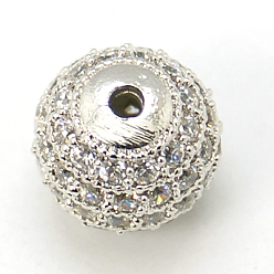 Platinum Brass Micro Pave Cubic Zirconia Beads, Round, Platinum, 10mm, Hole: 2mm