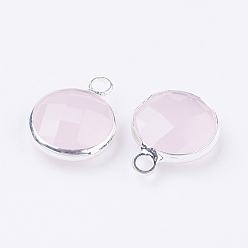 Lavender Blush Silver Color Plated Brass Glass Flat Round Charms, Faceted, Lavender Blush, 12x8.5x3mm, Hole: 1.5mm