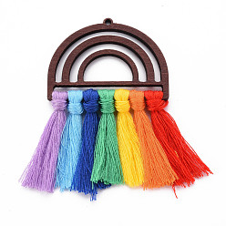 Colorful Polycotton(Polyester Cotton) Tassel Big Pendants, Unfinished Wood Semi Circle Earrings, for DIY Rainbow Macrame Earrings, Colorful, 76x50x5mm, Hole: 2mm