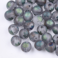 Cadet Blue Autumn Theme Electroplate Transparent Glass Beads, Frosted, Round with Maple Leaf Pattern, Cadet Blue, 8~8.5mm, Hole: 1.5mm