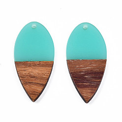 Turquoise Transparent Resin & Walnut Wood Pendants, Teardrop Shape Charm, Turquoise, 38x18x3mm, Hole: 2mm