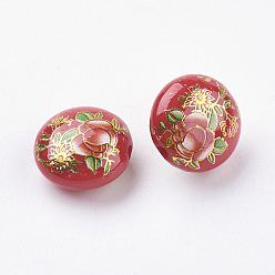 Red Flower Printed Resin Beads, Flat Round, Red, 16.5x9mm, Hole: 2mm