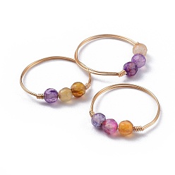 Mixed Color Natural Agate Finger Rings, with Brass Copper Jewelry Wire, Faceted, Golden, Mixed Color, Size 8~10, 18~20mm