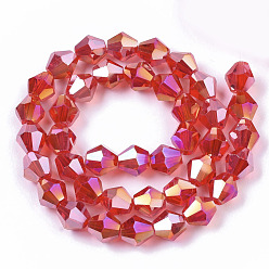 Red Electroplate Glass Beads Strands, AB Color Plated, Faceted, Bicone, Red, 7.5~8x7.5~8mm, Hole: 1.5mm, about 40pcs/strand, 11.81 inch
