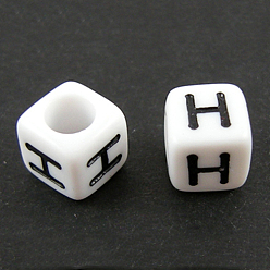 Letter H Lettre acrylique européenne perles, trou horizontal, cube, letter.h, 10x10x10mm, Trou: 3.5~4mm, environ598 pcs / 500 g